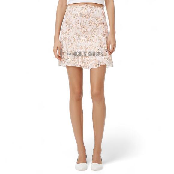 1 State Floral Palm Tree Print Ruffle Mini Skirt Pull On White & Tan Size L - Picture 2 of 11